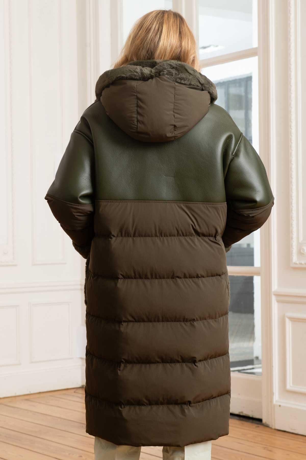 Women's khaki green leather and textile down jacket - Image n°3