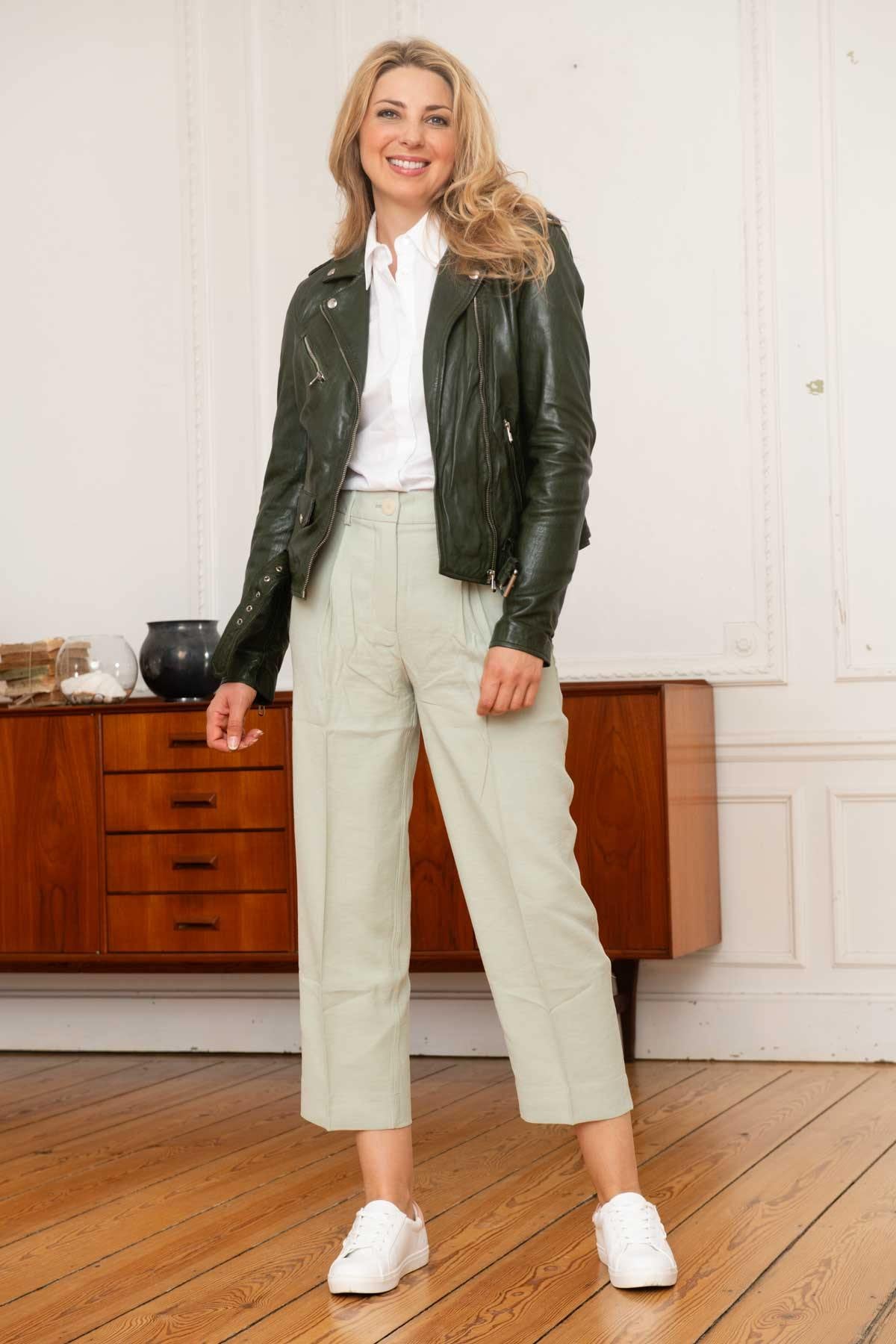 Khaki vegetable-tanned leather Biker Jacket for women - Image n°3