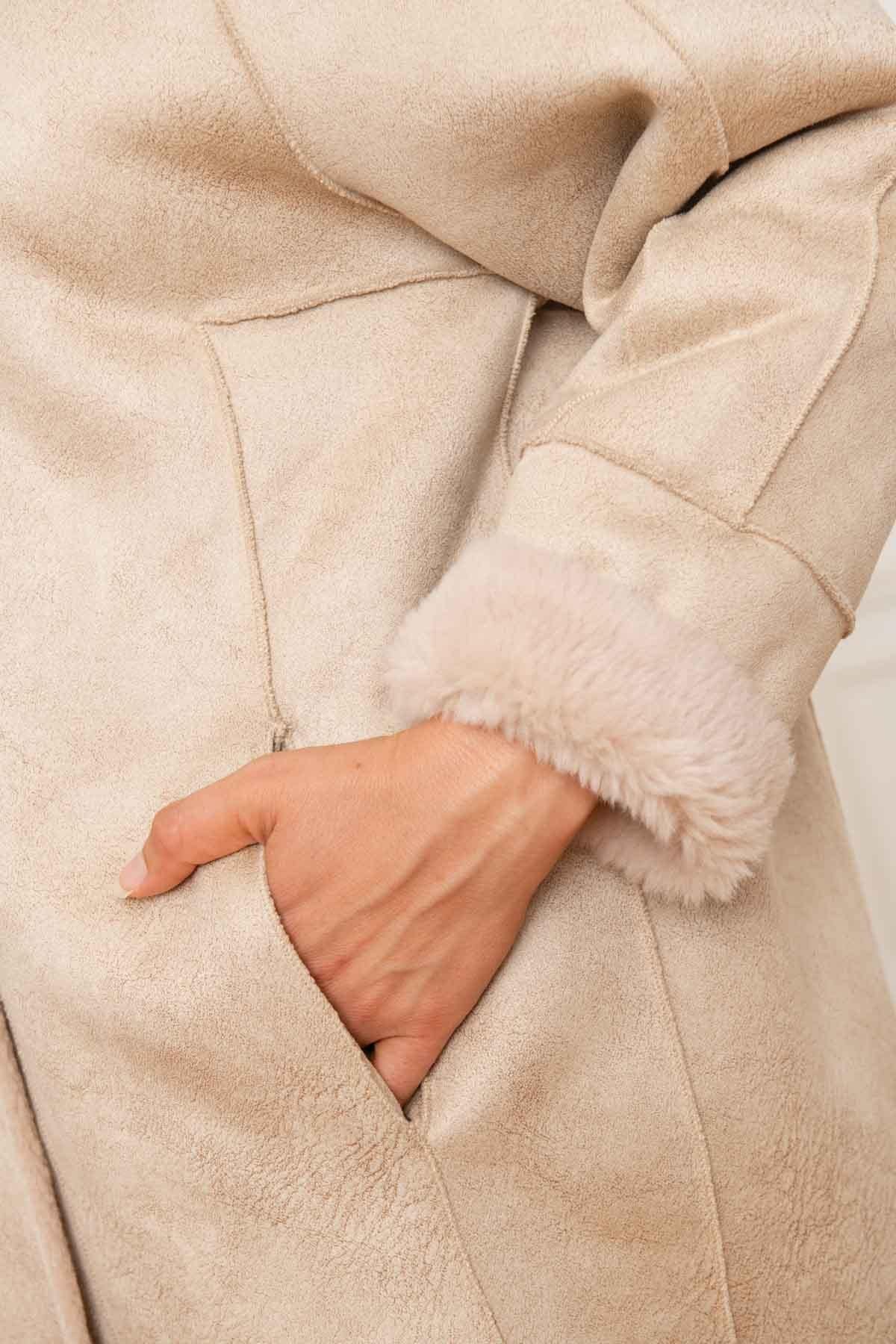 Women's long reversible coffee-colored jacket - Image n°10