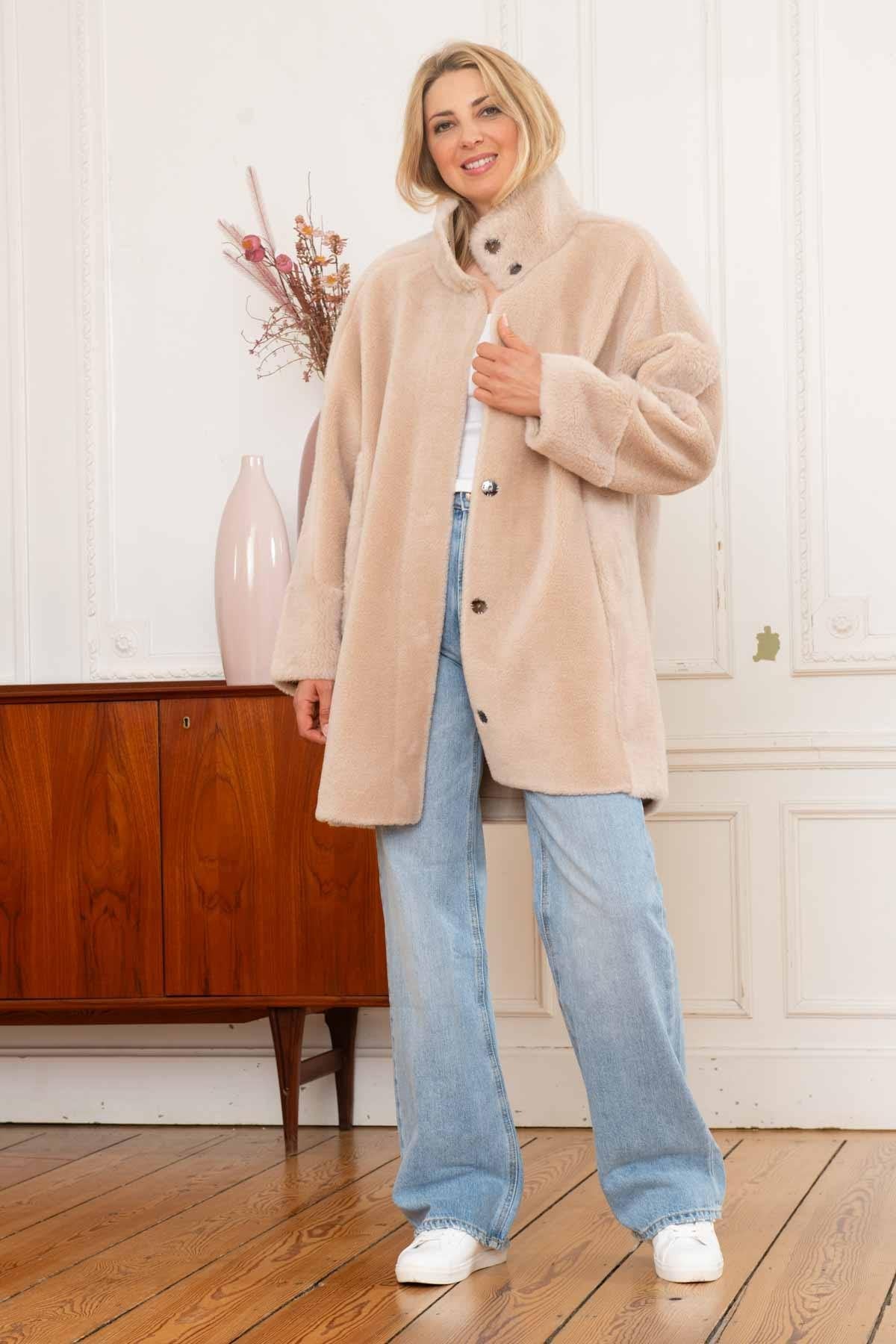 Women's long reversible coffee-colored jacket - Image n°2