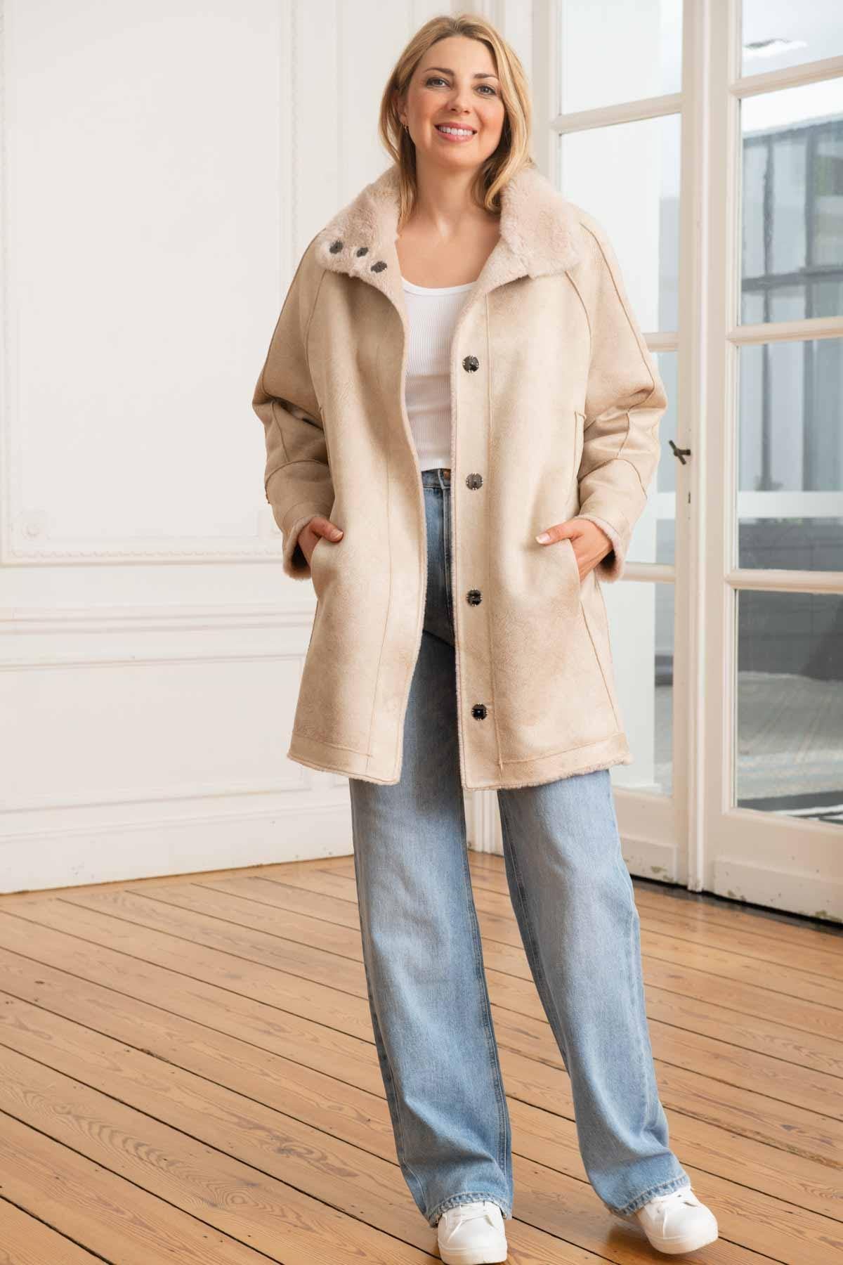 Women's long reversible coffee-colored jacket - Image n°6