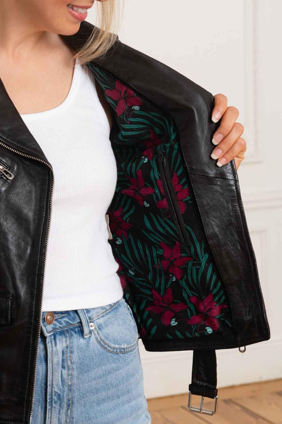 Women’s black vegetable leather Biker Jacket - Image n°4