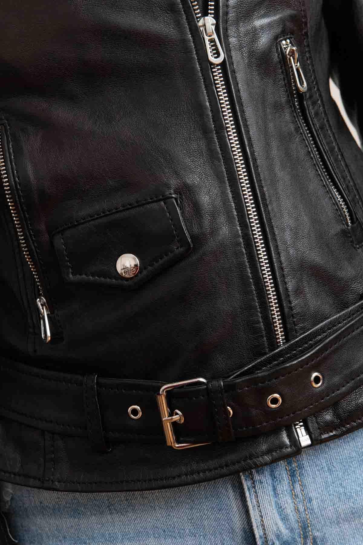 Women’s black vegetable leather Biker Jacket - Image n°2