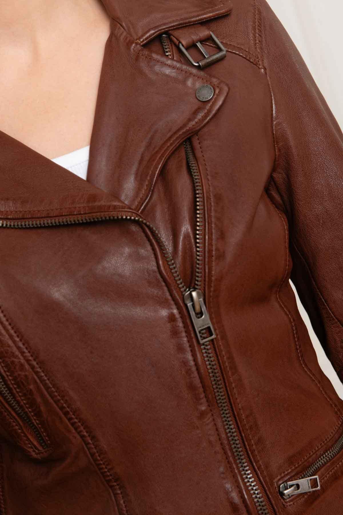 Women's brown leather perfecto - Image n°2