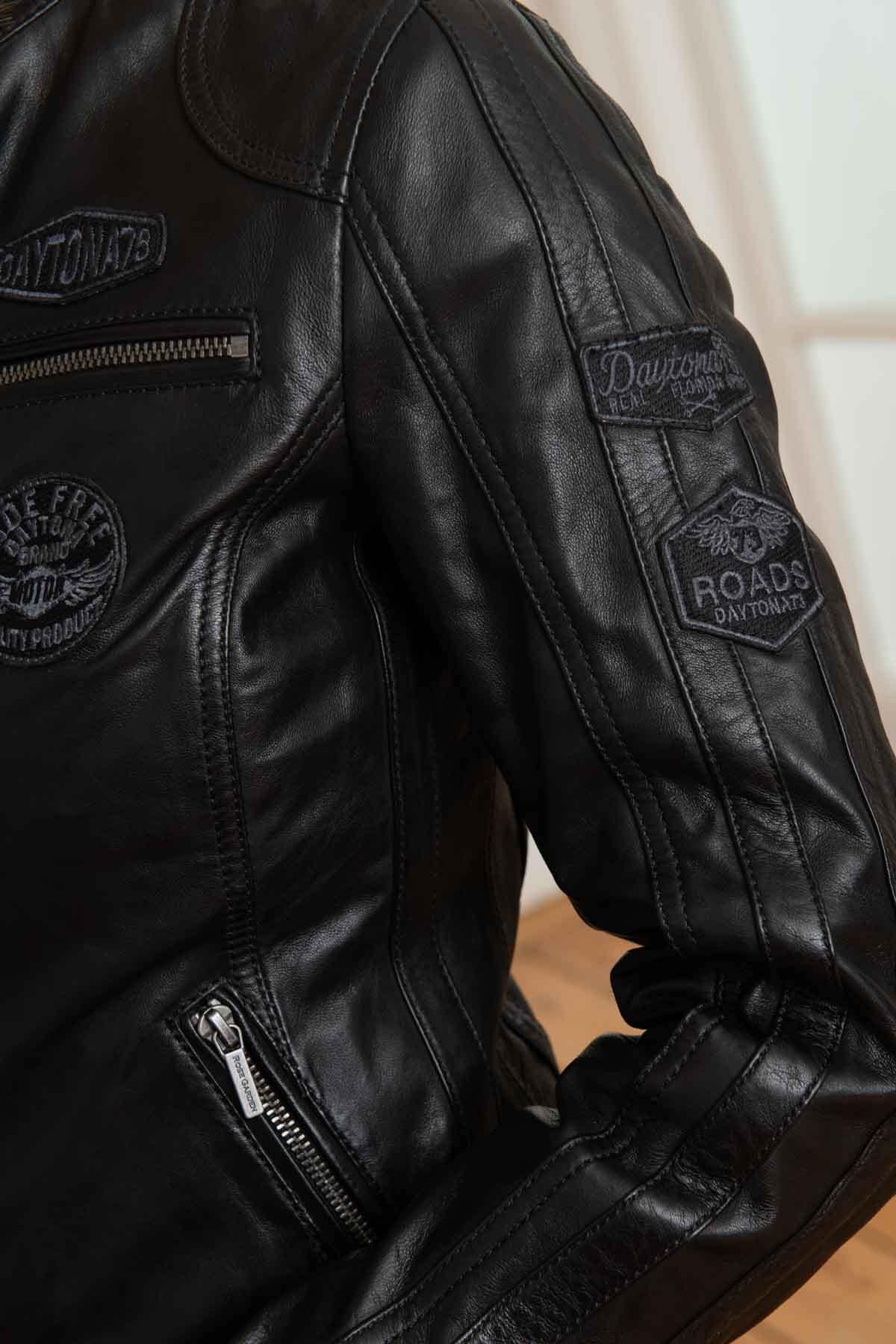 Women's black patched leather biker jacket - Image n°3