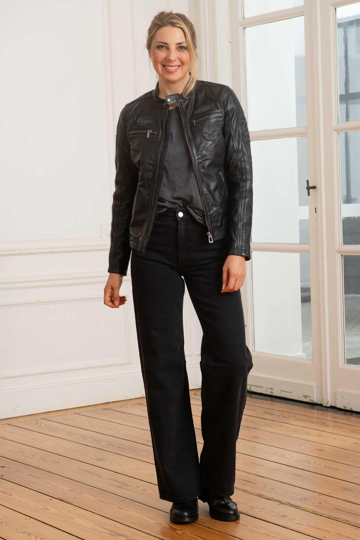 Women's black patched leather biker jacket - Image n°7