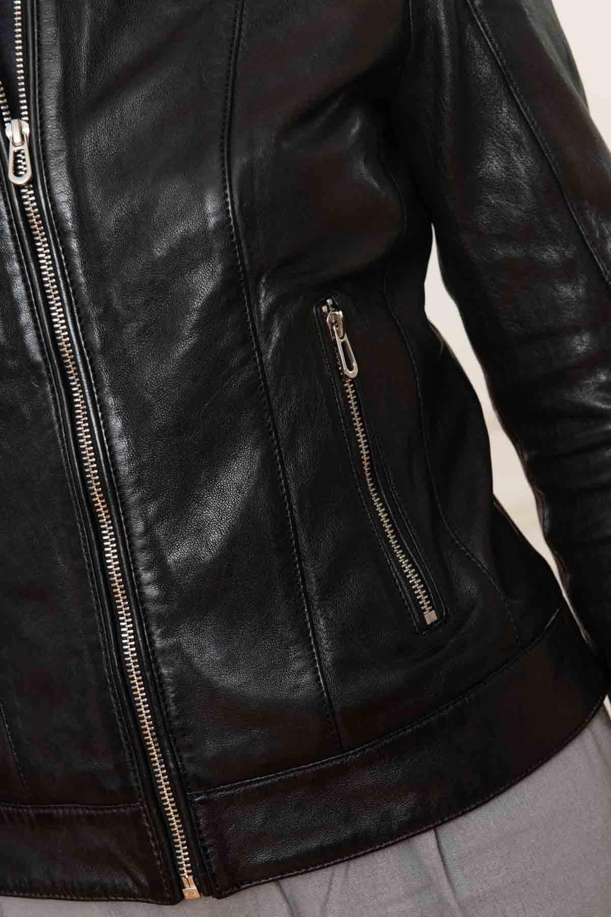 Black leather biker collar jacket for women - Image n°2