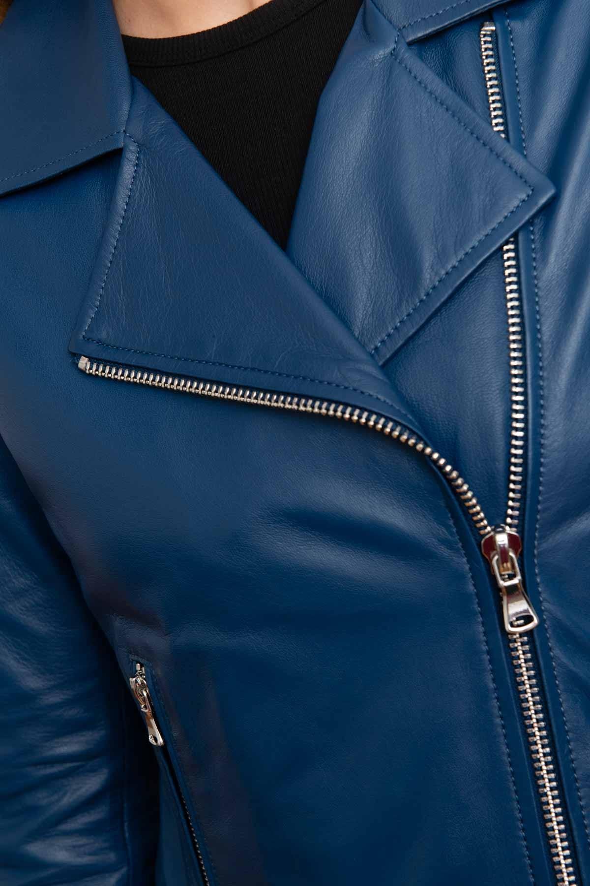 Women’s dark blue leather Biker Jacket - Image n°2