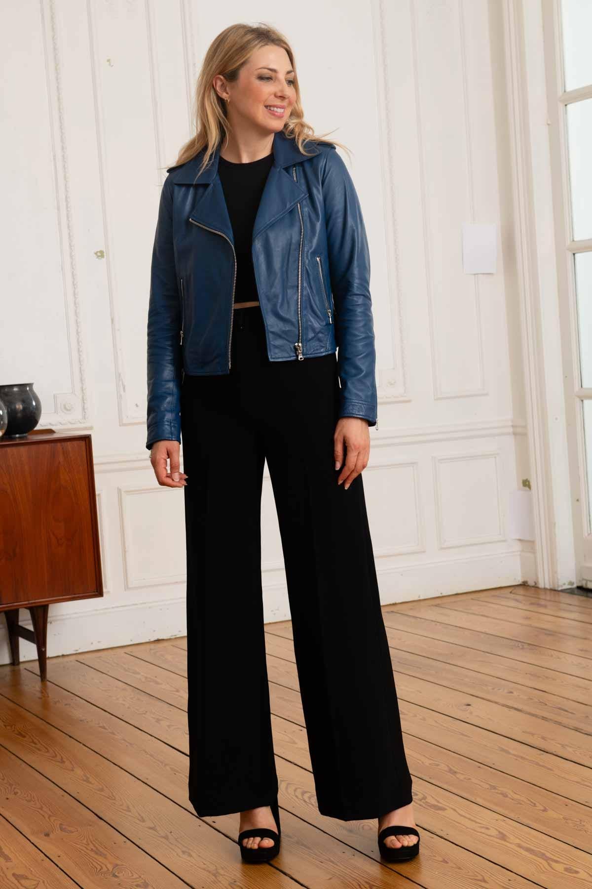 Women’s dark blue leather Biker Jacket - Image n°3