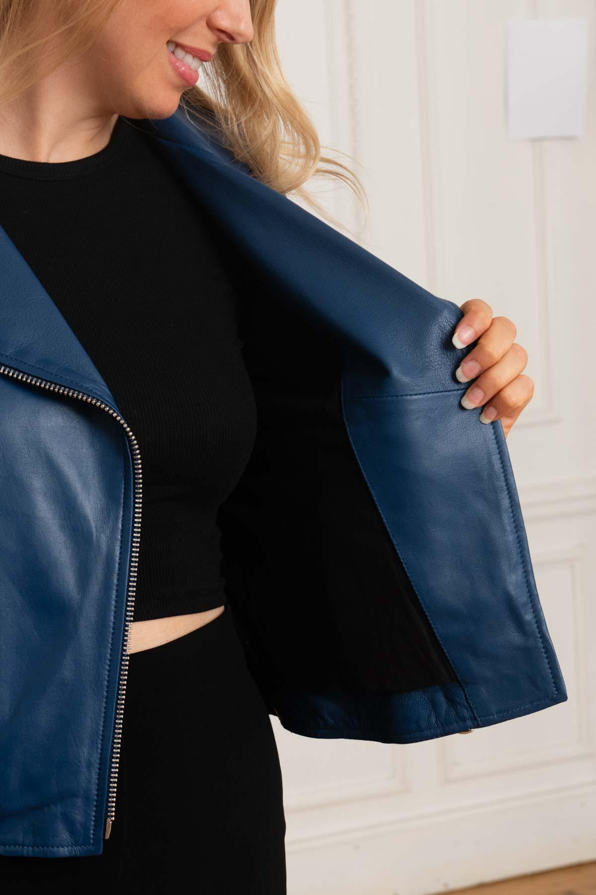 Women’s dark blue leather Biker Jacket - Image n°4