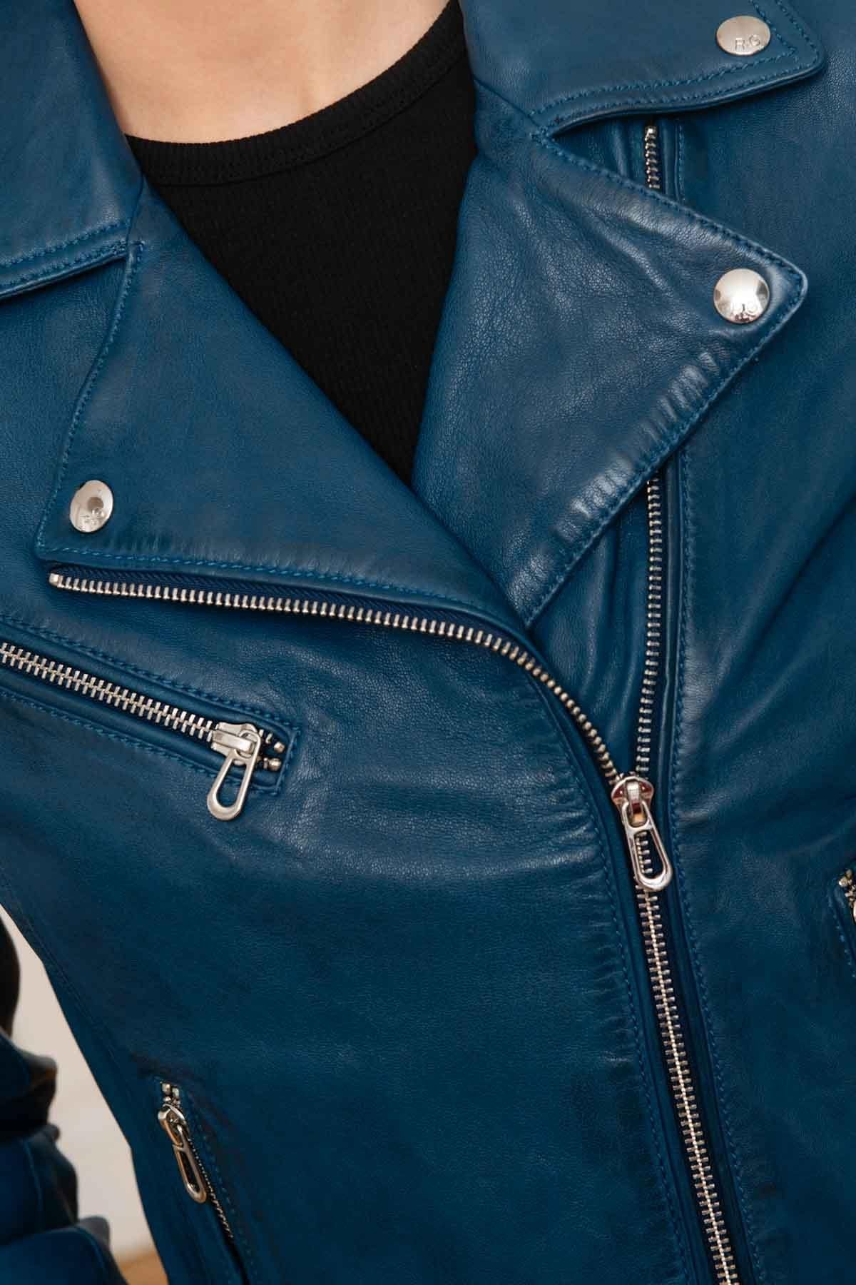 Women’s dark blue leather Biker Jacket - Image n°2