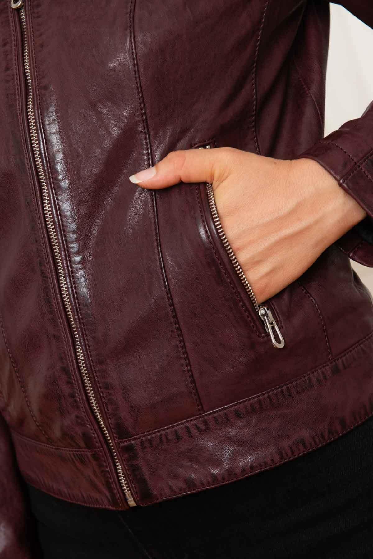 Women's burgundy leather biker collar jacket - Image n°6