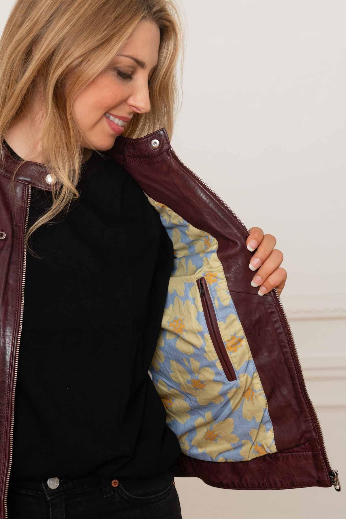 Women's burgundy leather biker collar jacket - Image n°3