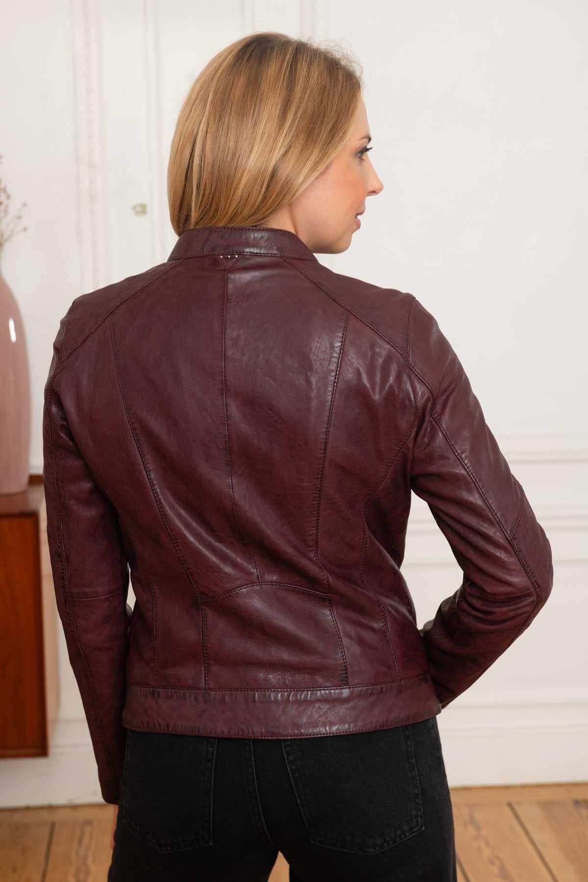 Women's burgundy leather biker collar jacket - Image n°5