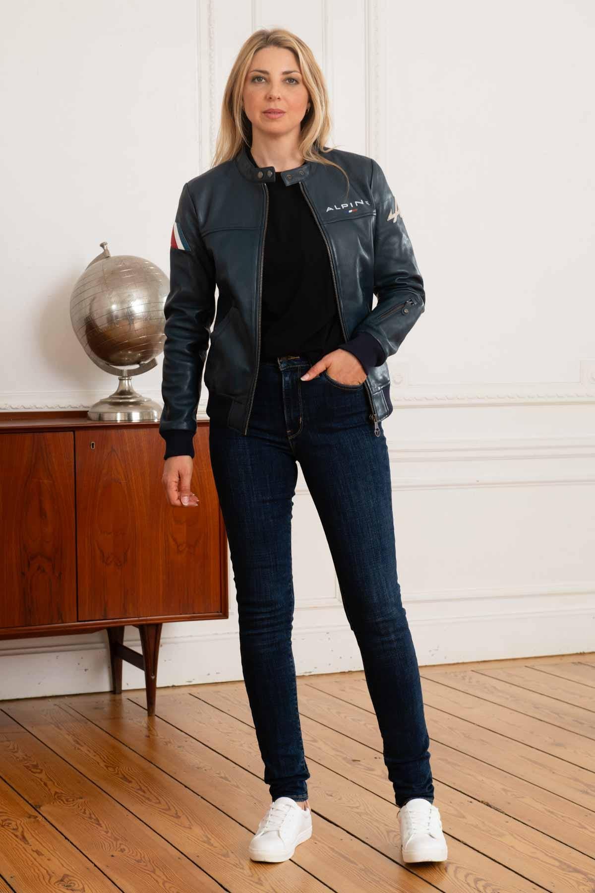 Royal blue leather jacket with biker collar Sophia Alpine Woman - Image n°3