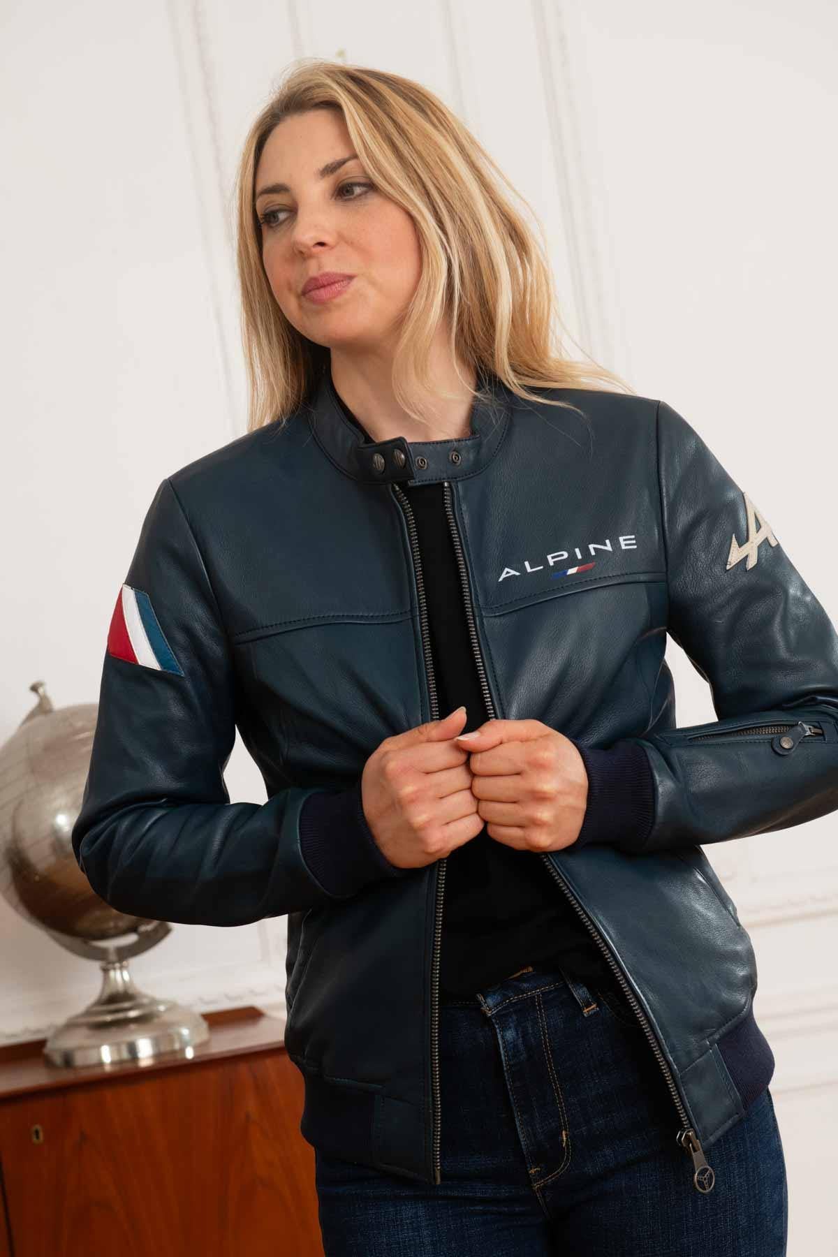 Royal blue leather jacket with biker collar Sophia Alpine Woman - Image n°1