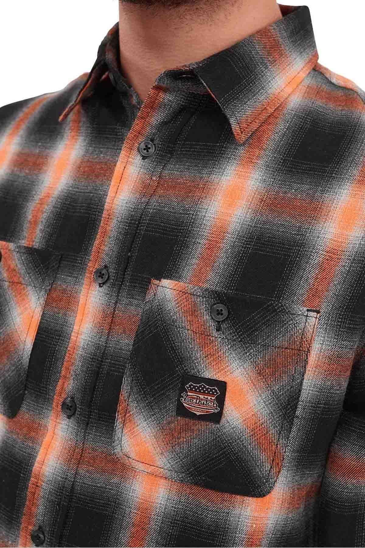 Men's black, orange and white checked shirt - Image n°2