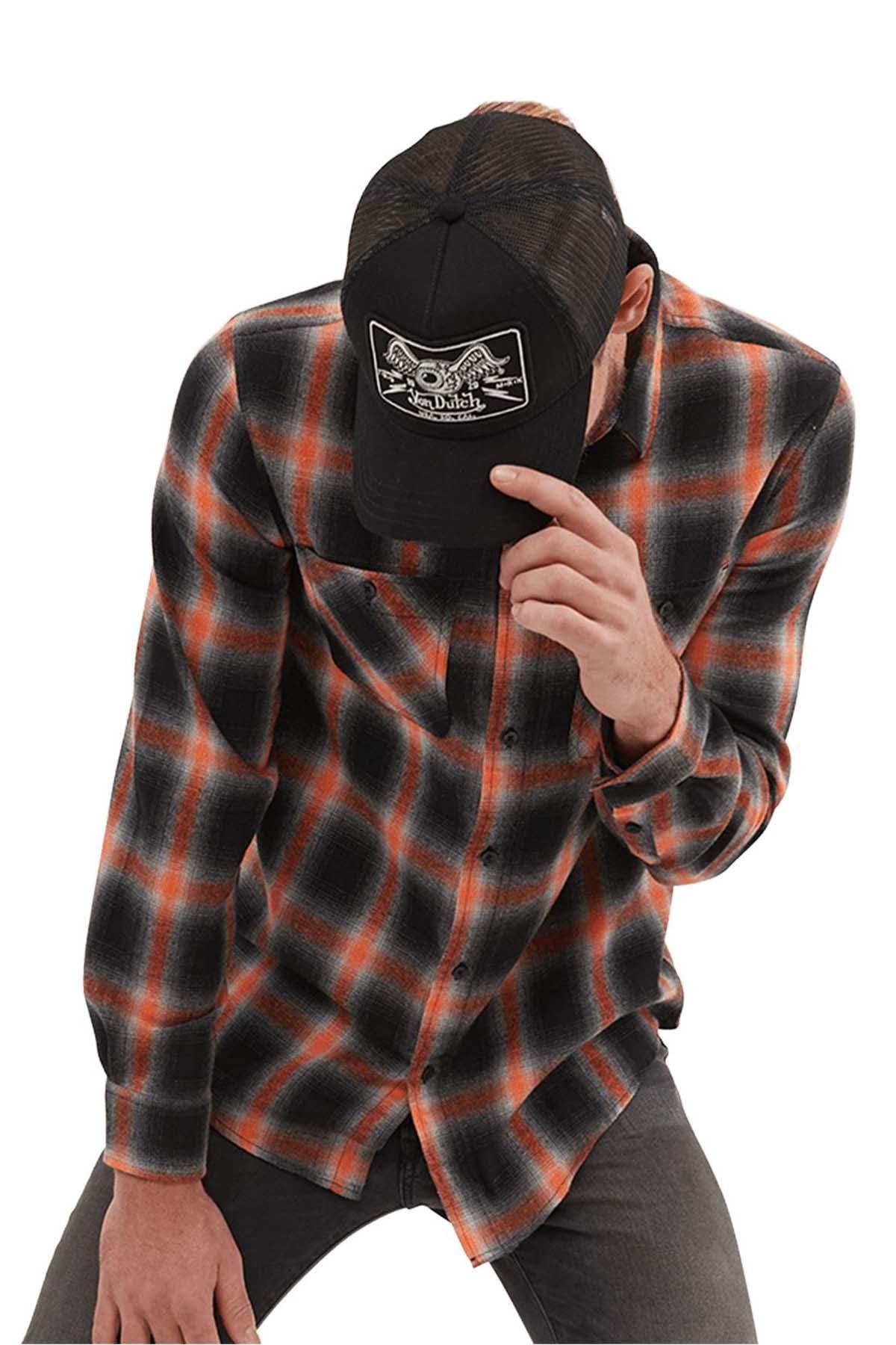 Men's black, orange and white checked shirt - Image n°4