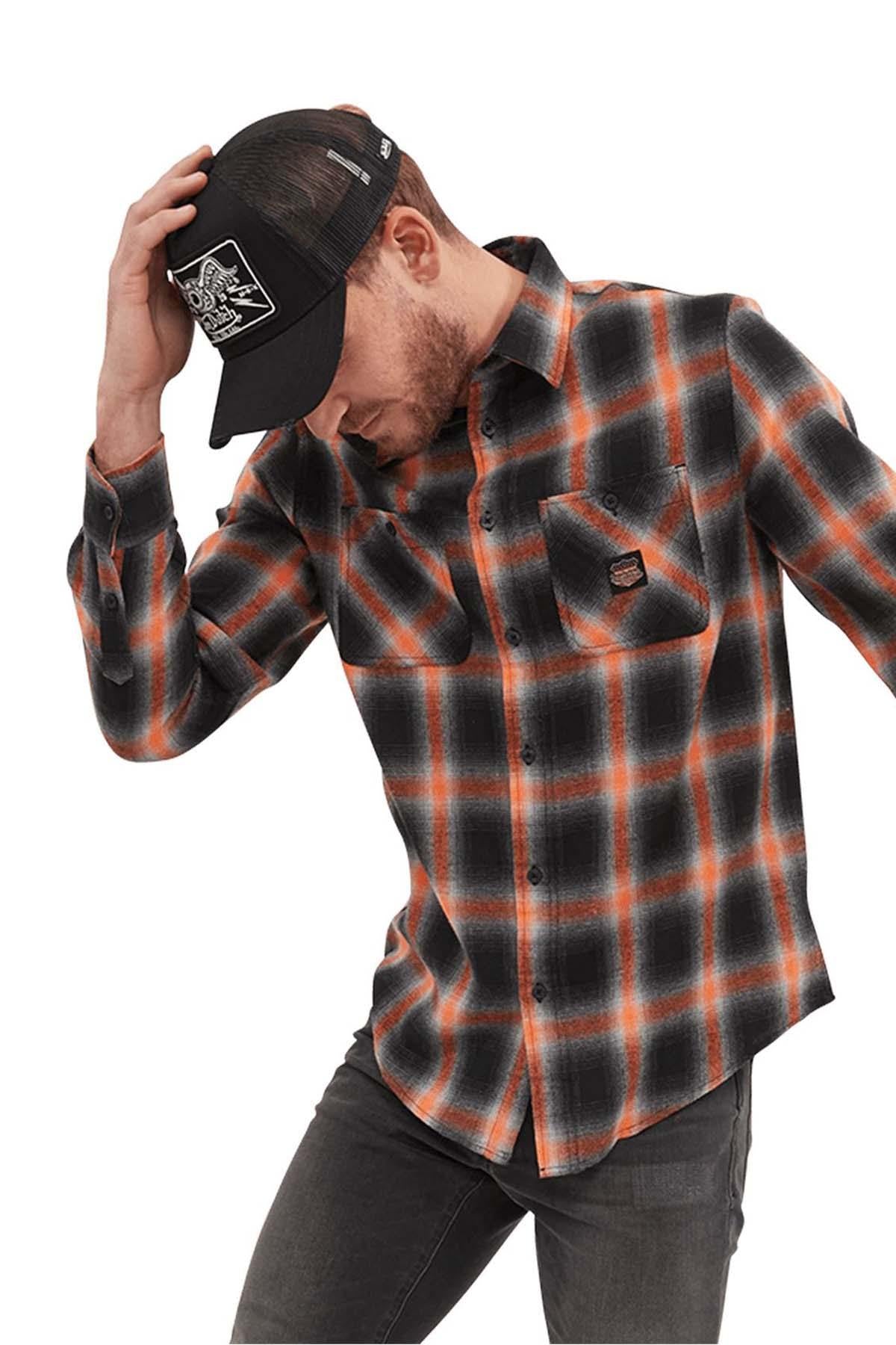 Men's black, orange and white checked shirt - Image n°1