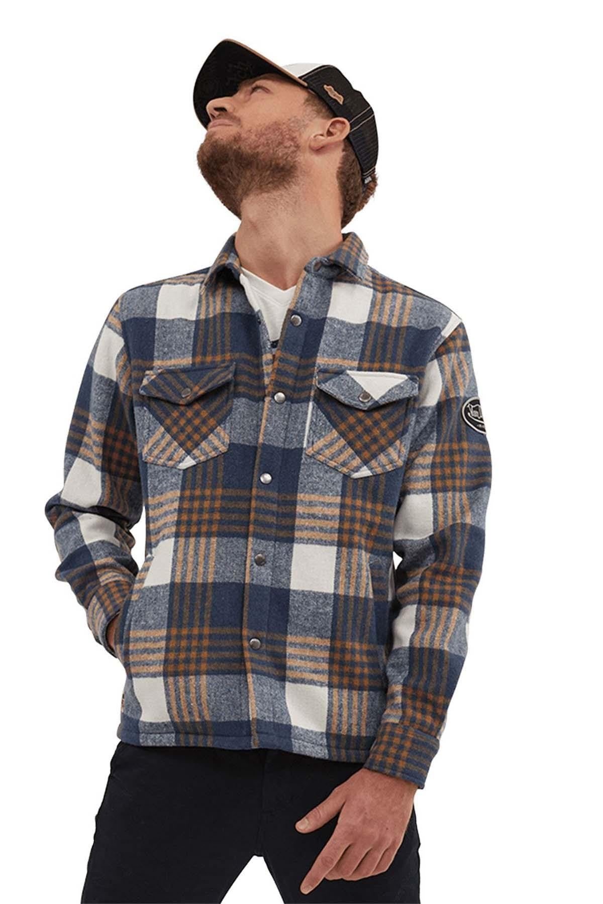 Men's blue, white and orange cotton overshirt - Image n°1