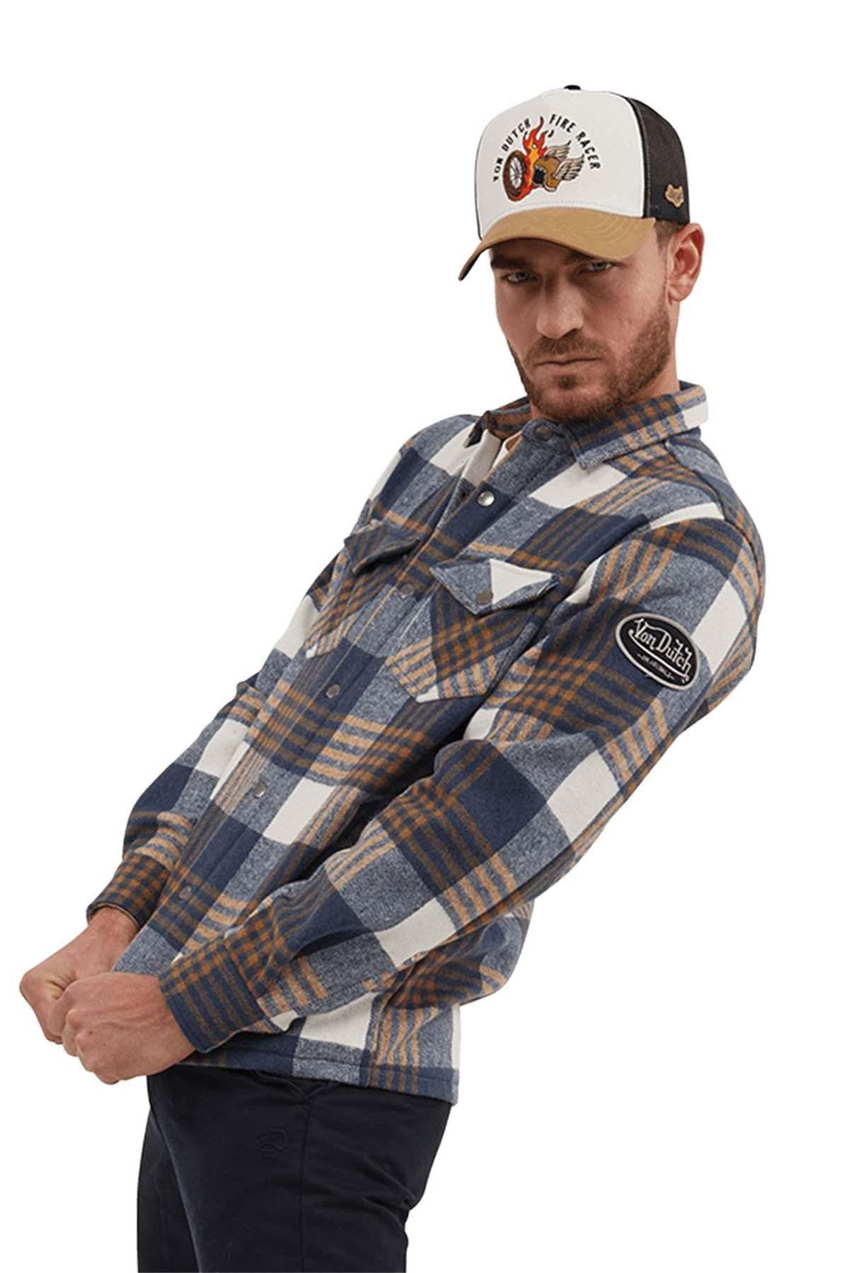 Men's blue, white and orange cotton overshirt - Image n°4