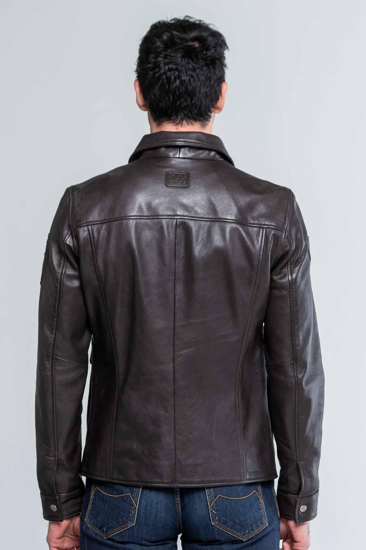 Dark brown leather jacket with shirt collar - Image n°2