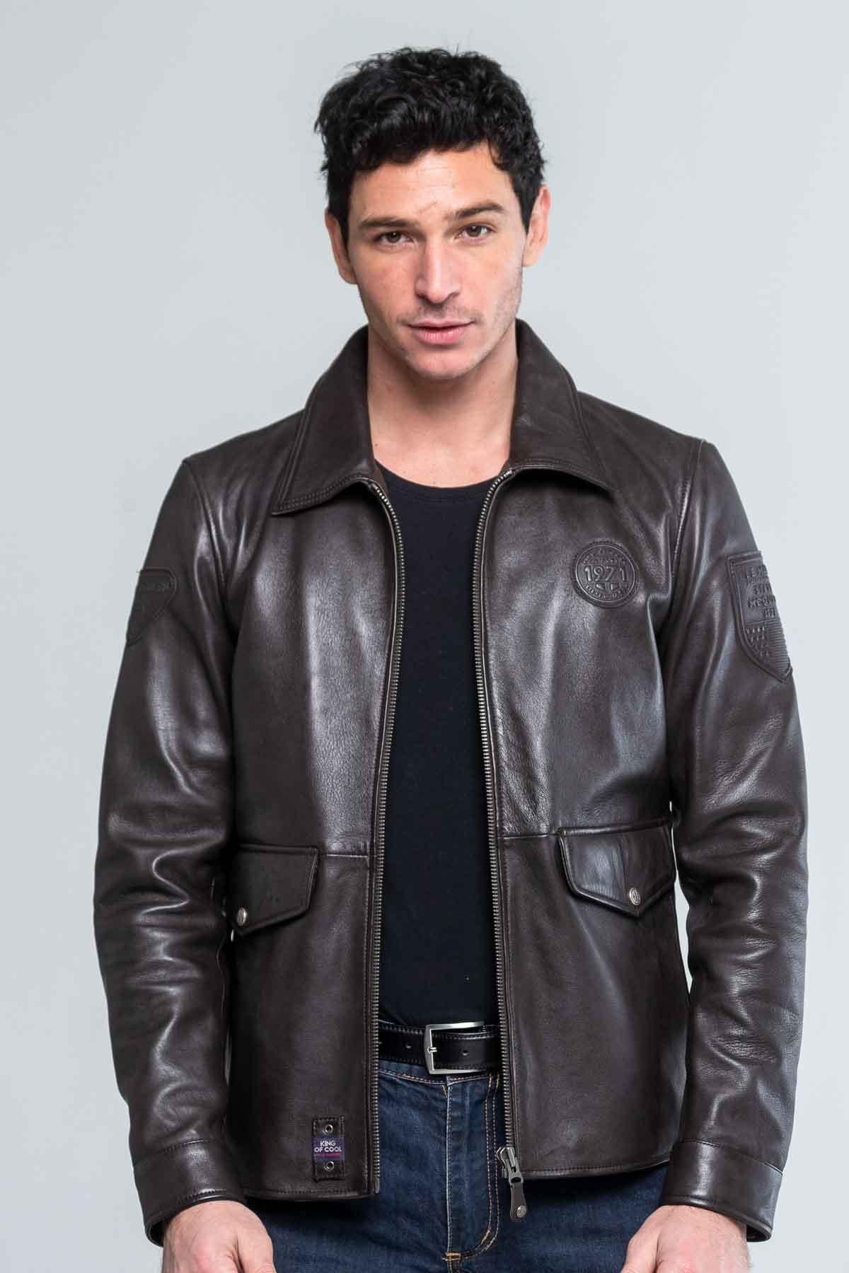 Dark brown leather jacket with shirt collar - Image n°1