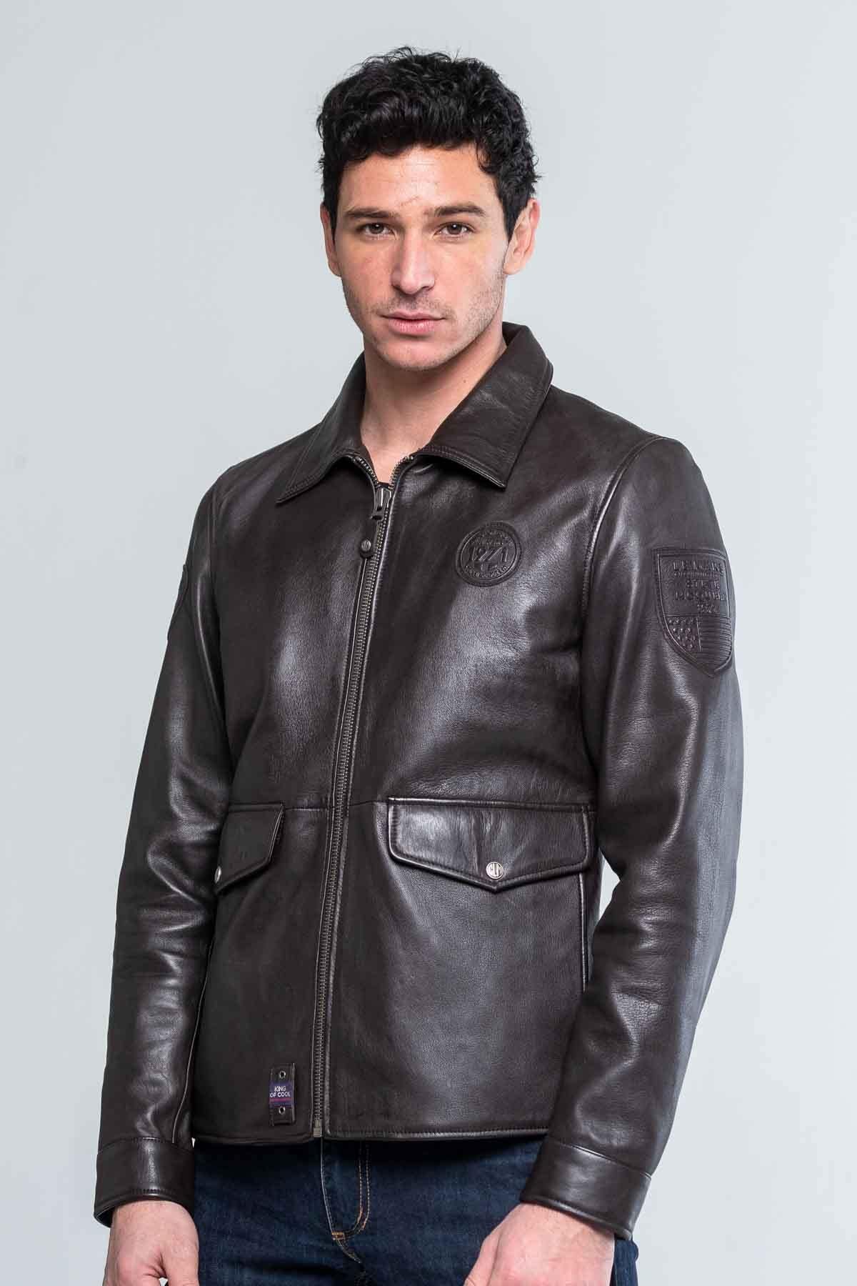 Dark brown leather jacket with shirt collar - Image n°3