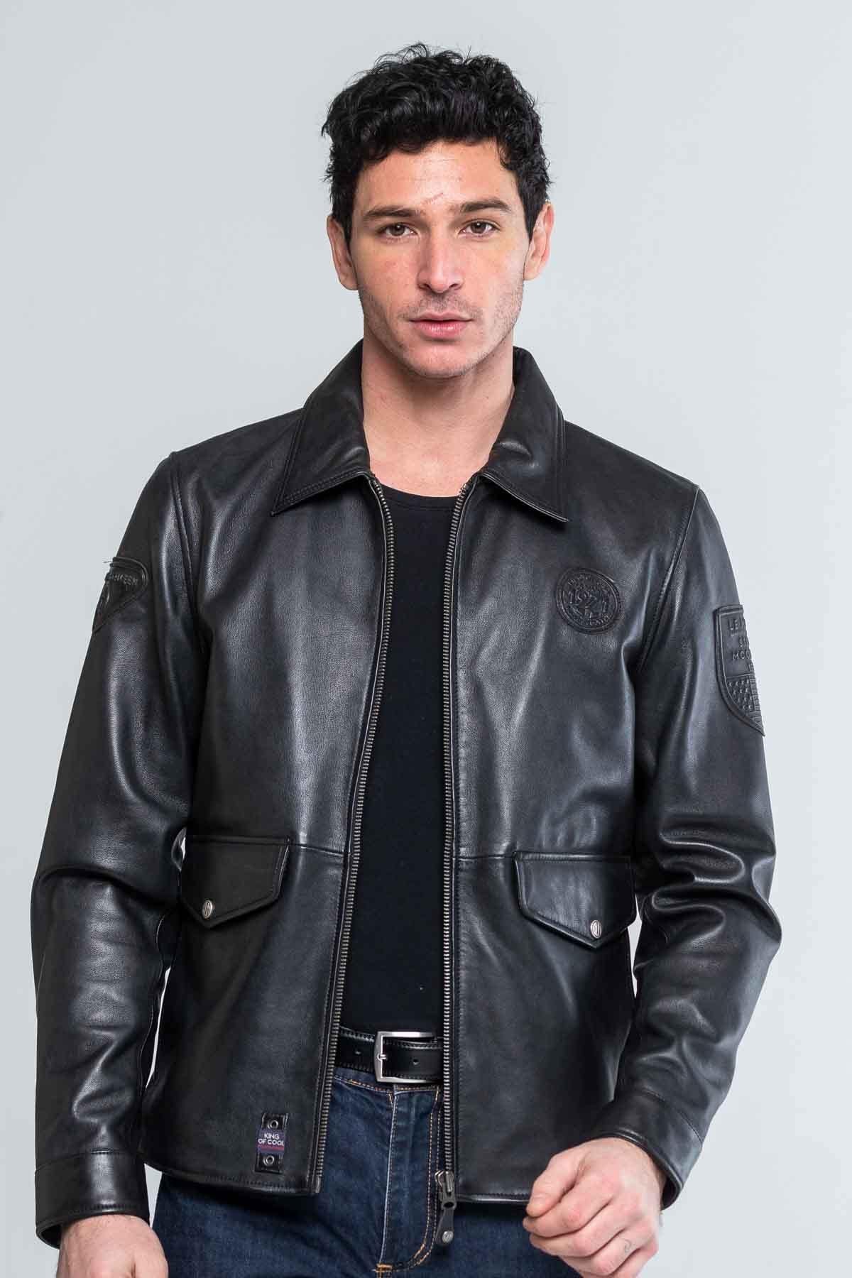 Black leather jacket with shirt collar - Image n°1