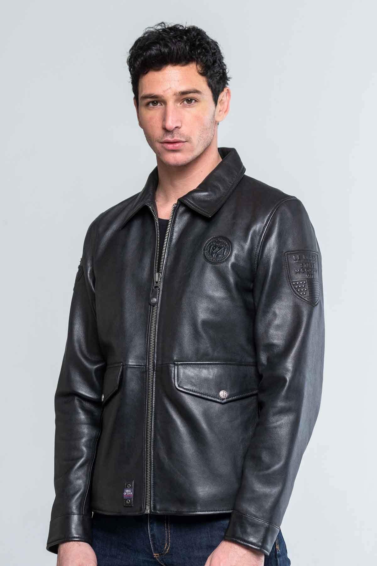 Black leather jacket with shirt collar - Image n°4