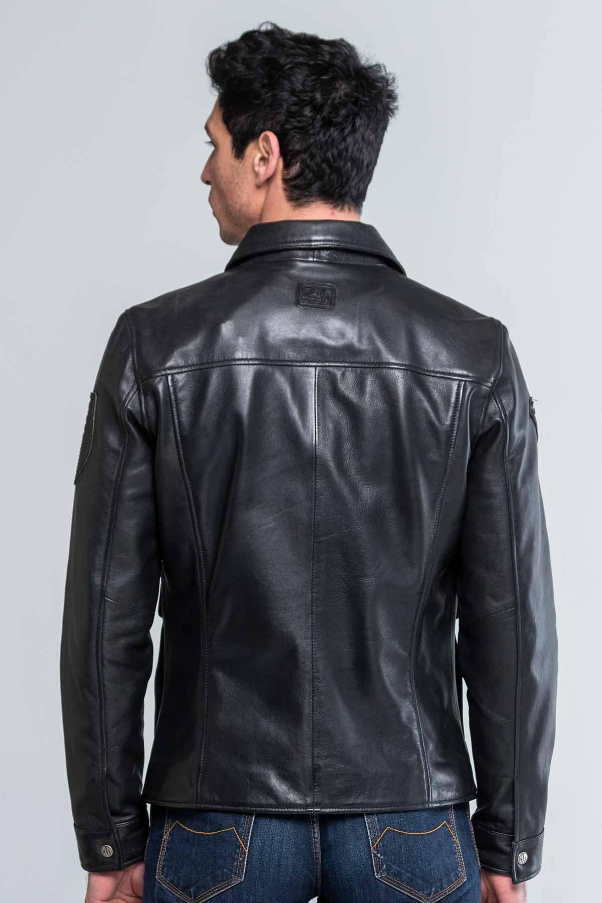 Black leather jacket with shirt collar - Image n°3