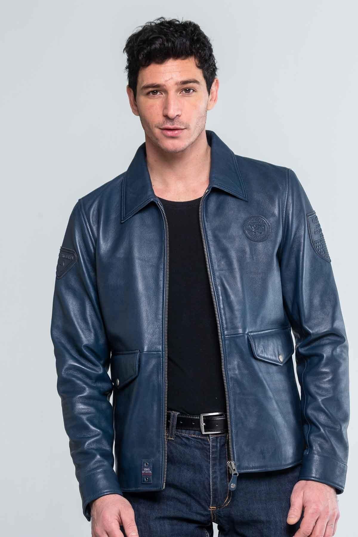 Royal blue shirt collar leather jacket - Image n°1