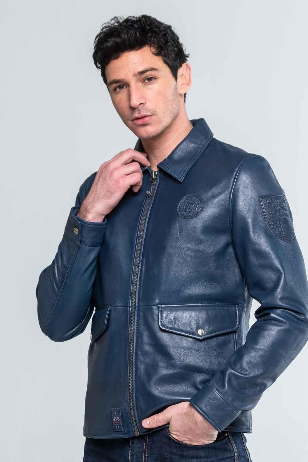 Royal blue shirt collar leather jacket - Image n°3