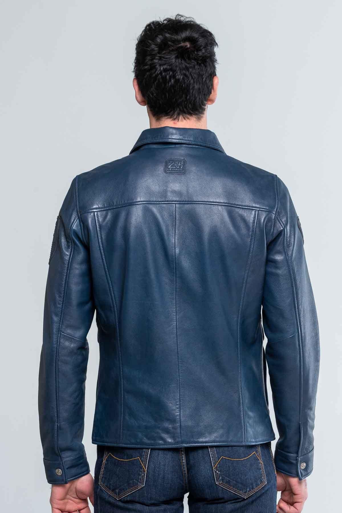 Royal blue shirt collar leather jacket - Image n°2