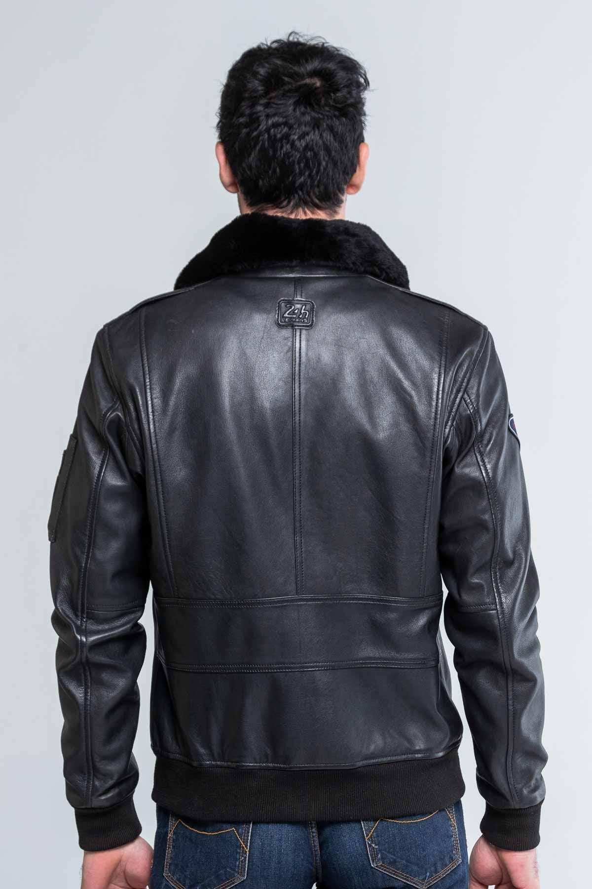 Black leather bomber jacket with fur collar - Image n°4