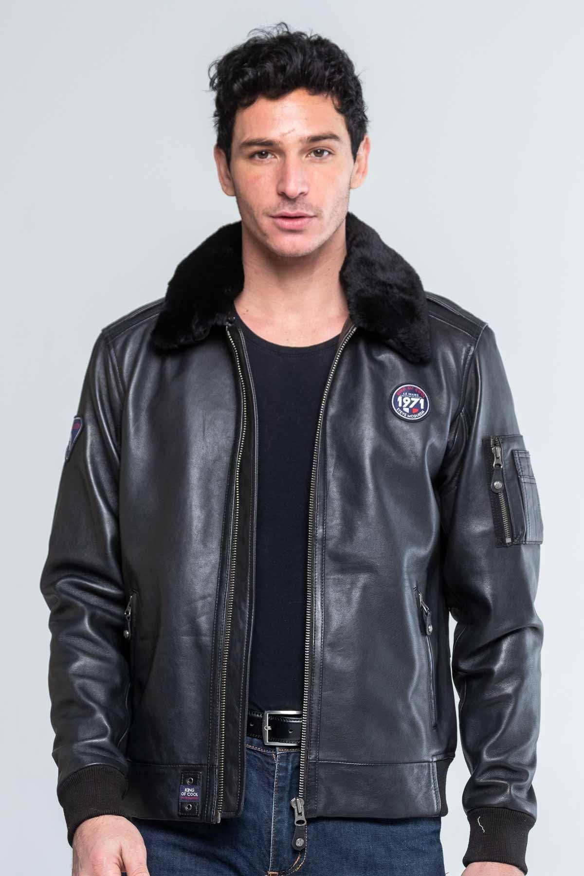 Black leather bomber jacket with fur collar - Image n°1