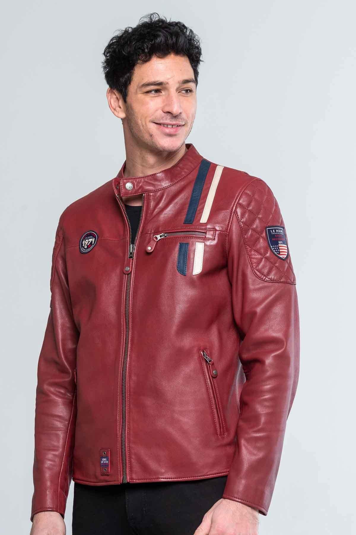 Leather jacket with cool dark red biker - Image n°1