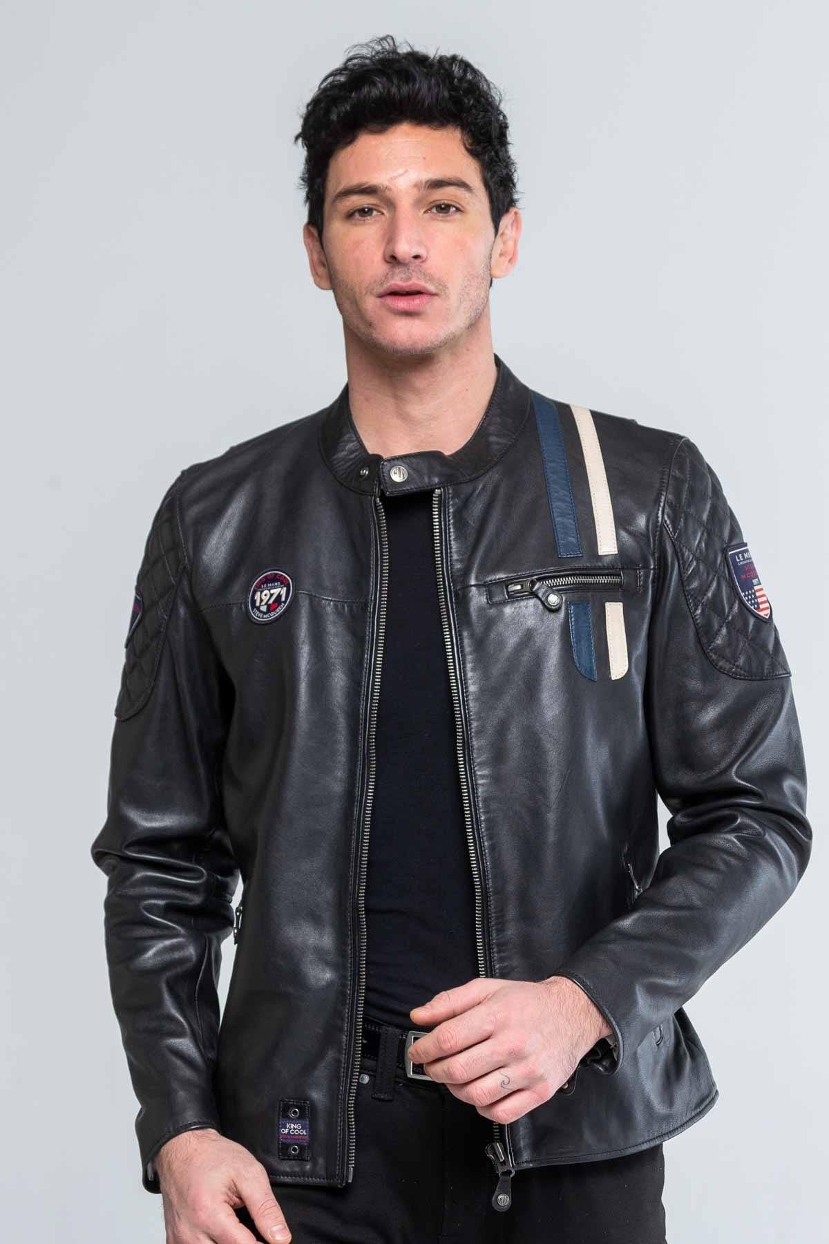 Leather jacket with black biker collar - Image n°2