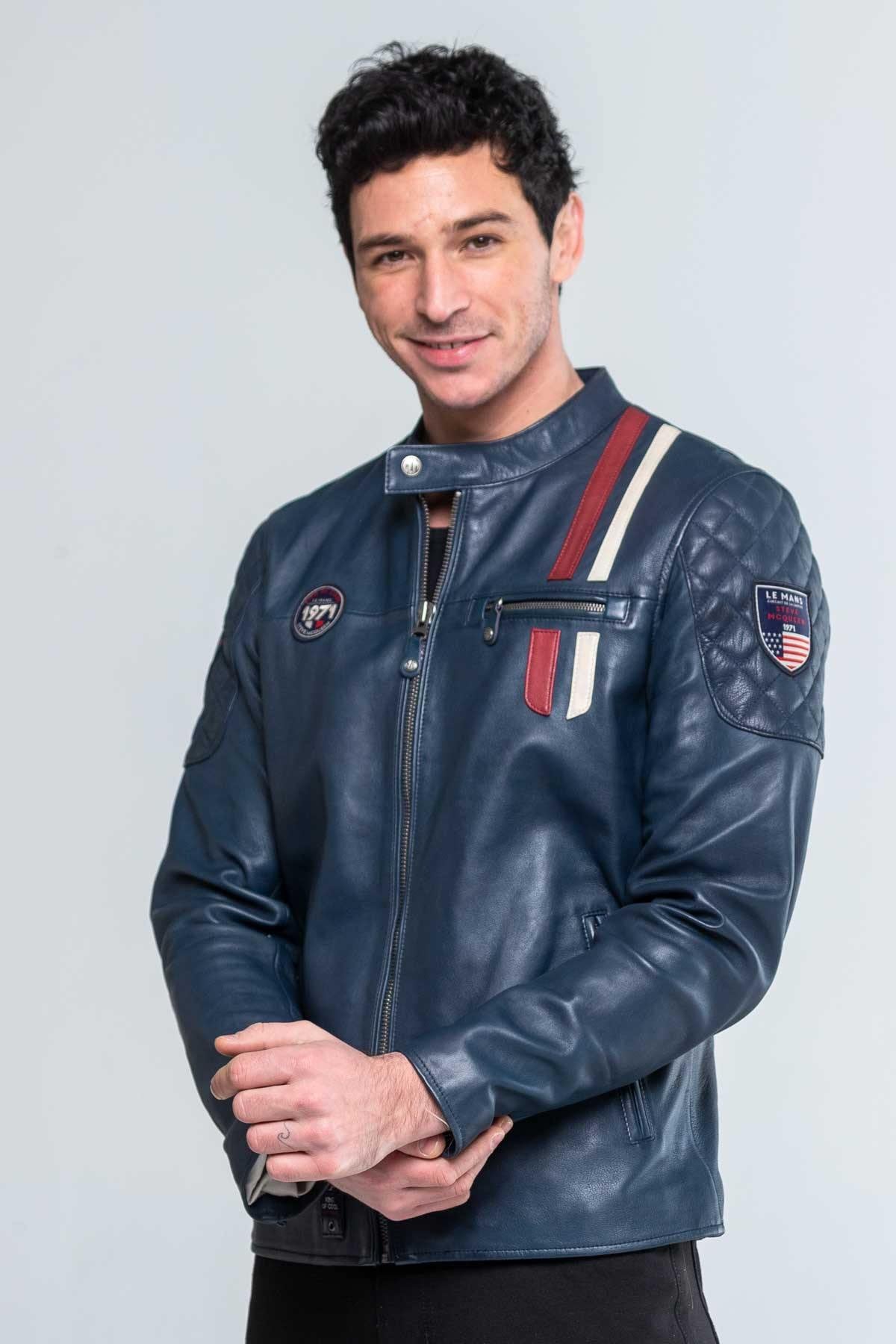 Leather jacket with royal blue biker collar - Image n°4