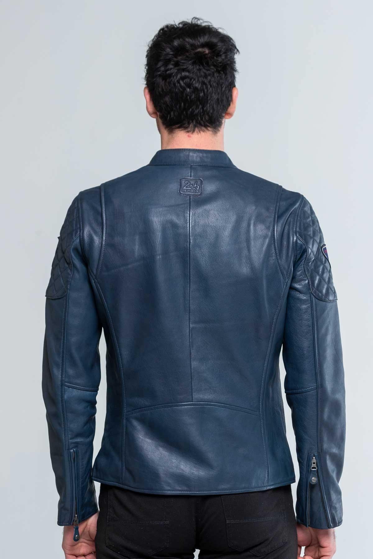 Leather jacket with royal blue biker collar - Image n°3