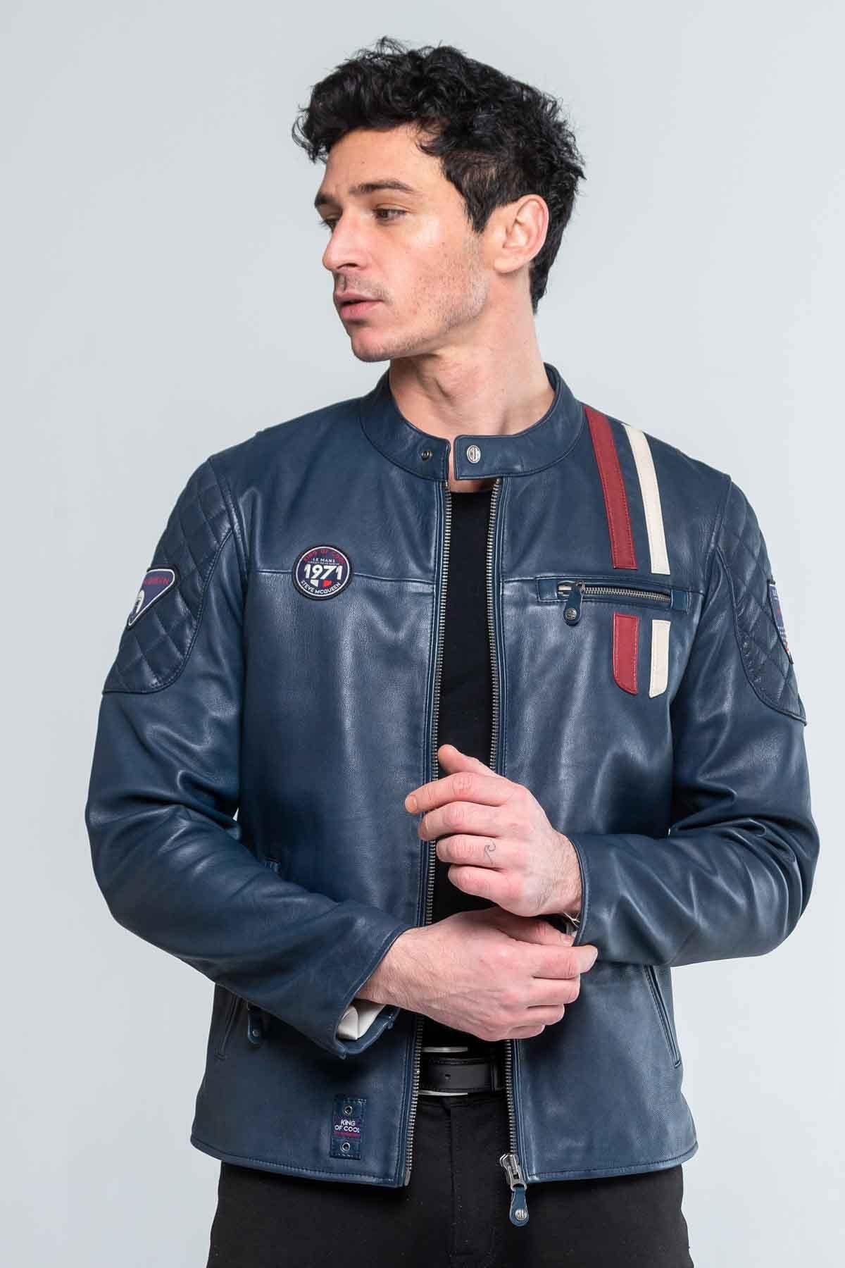 Leather jacket with royal blue biker collar - Image n°2