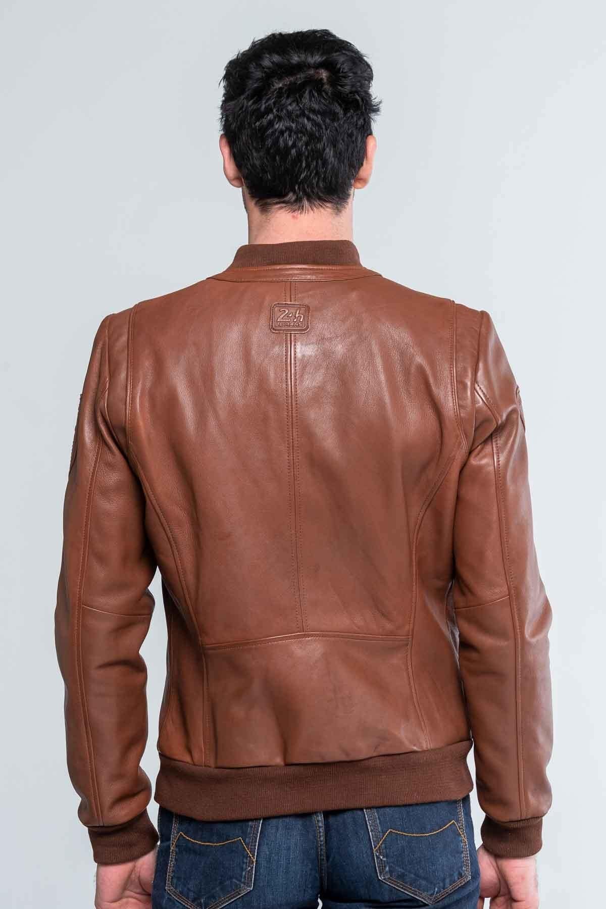 Cognac round neck leather jacket - Image n°2