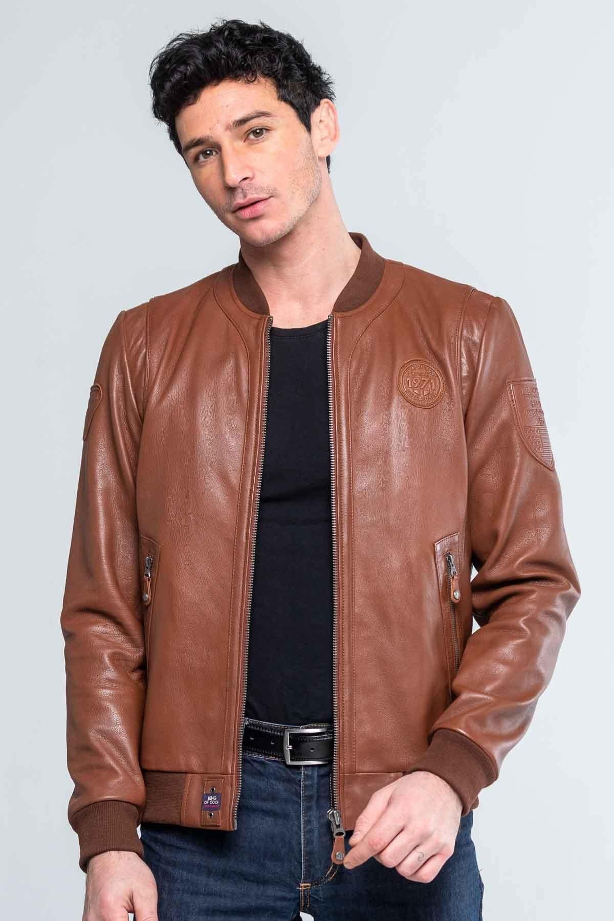 Cognac round neck leather jacket - Image n°1