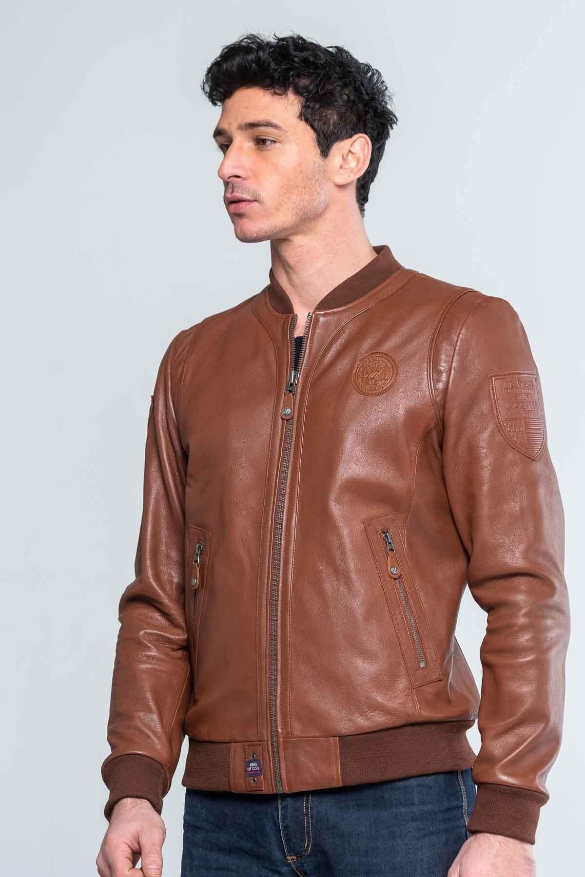 Cognac round neck leather jacket - Image n°3