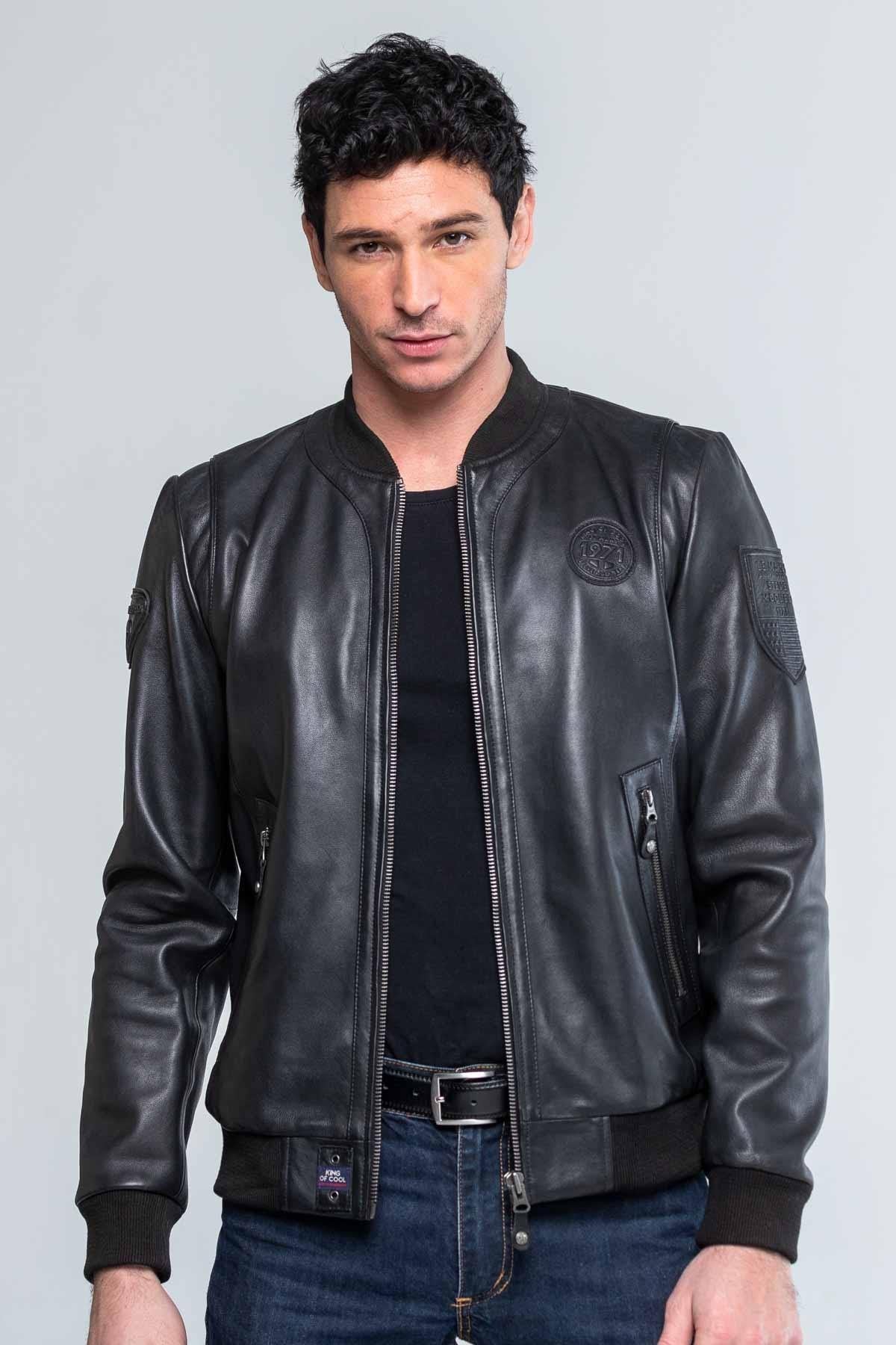 Black round neck leather jacket - Image n°2