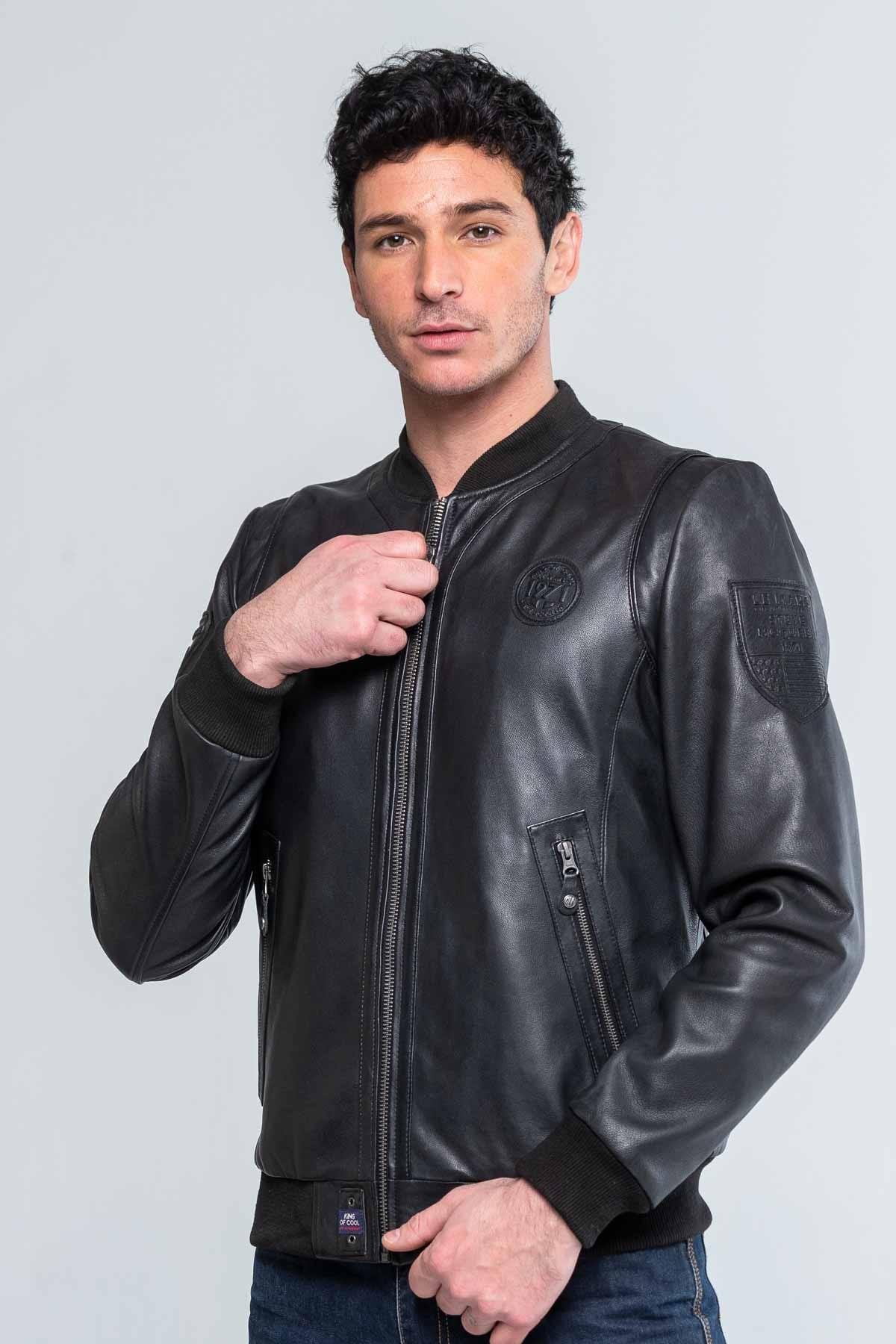 Black round neck leather jacket - Image n°4