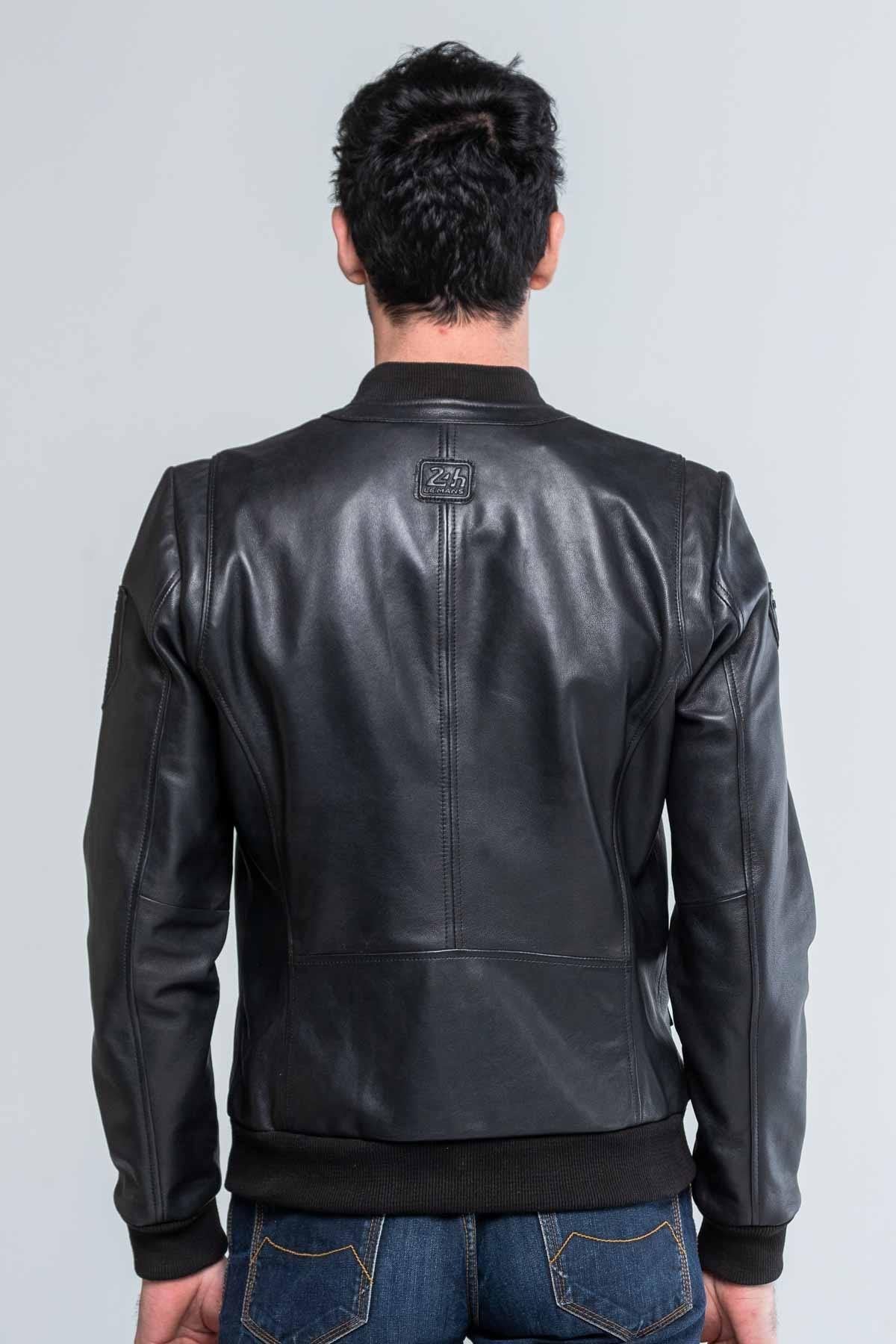 Black round neck leather jacket - Image n°3