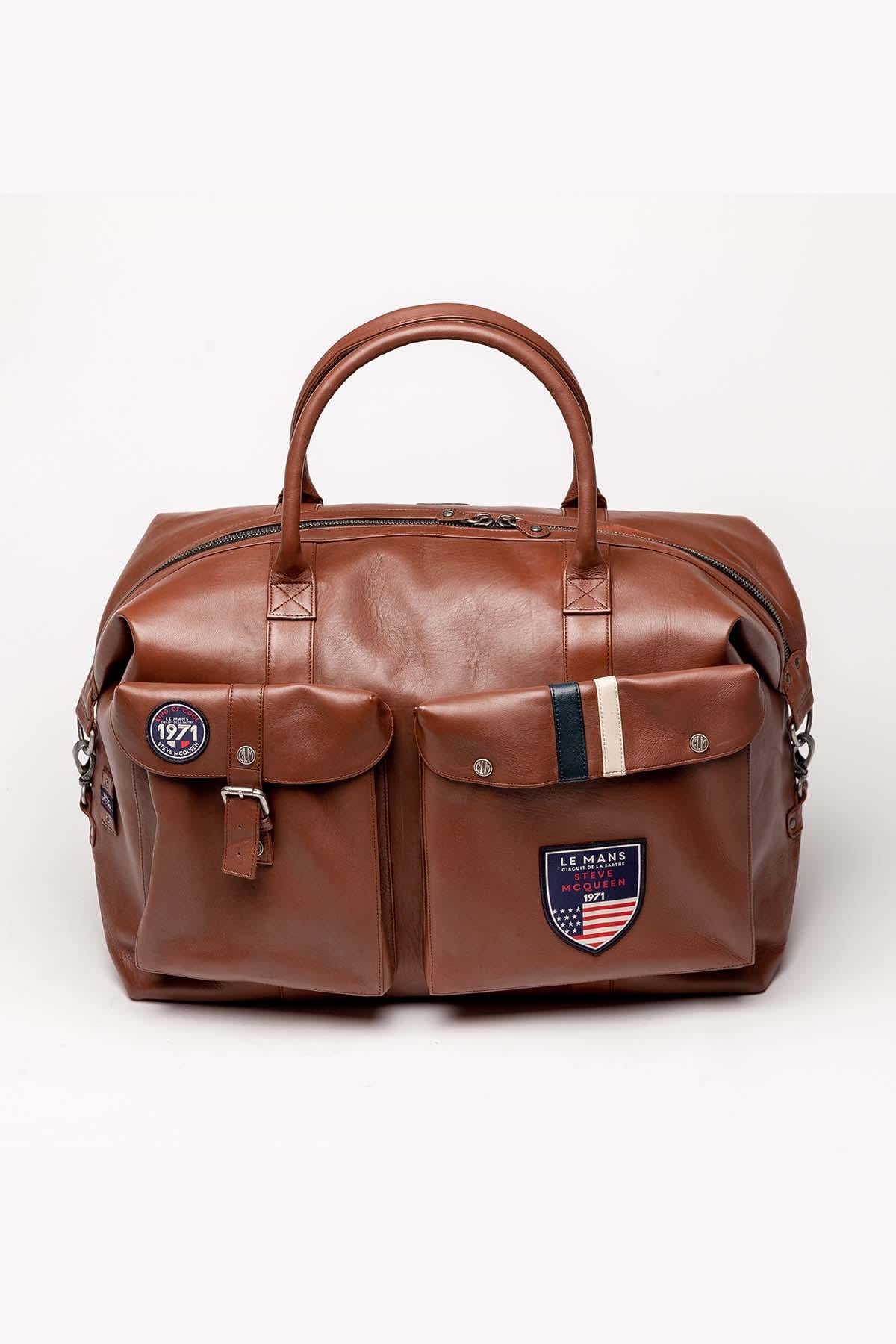 Tortoise brown leather travel bag for men - Image n°1