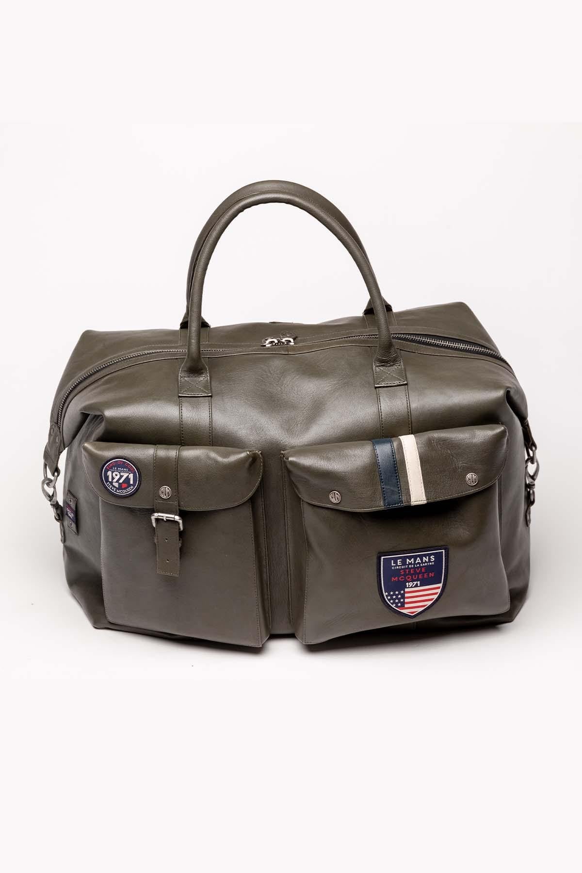 Dark khaki leather travel bag for men - Image n°1