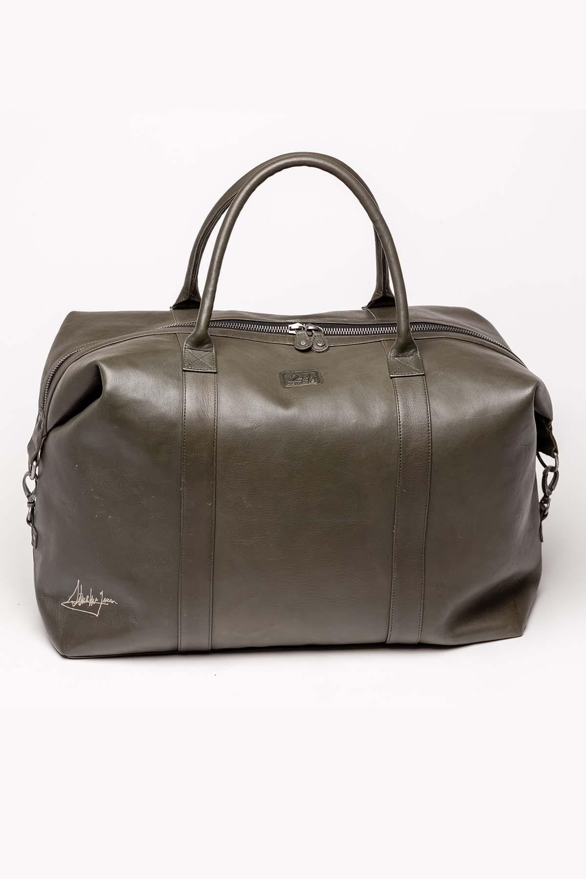 Dark khaki leather travel bag for men - Image n°4